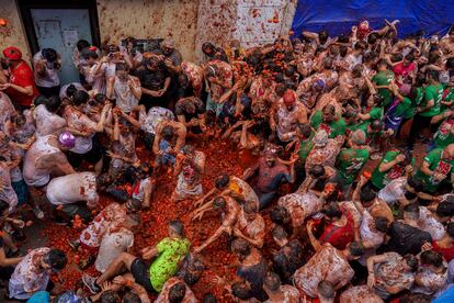 Participantes recogen y lanzan tomates durante la batalla.