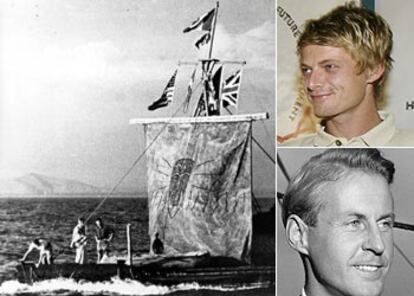 La balsa <i>Kon-Tiki, </i>durante su travesía en 1947. A la derecha, Olav (arriba) y Thor Heyerdahl (abajo).