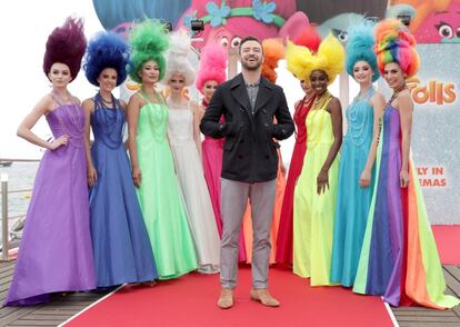 Justin Timberlake na sessão de fotos de 'Trolls' durante a 69° edição do Festival de Cannes, França.