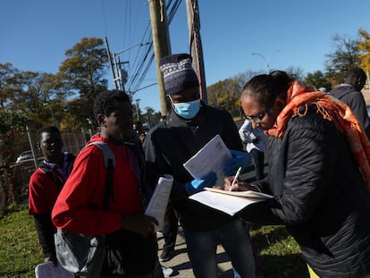 Asylum seekers on the campus of the Creedmoor Psychiatric Facility in Queens borough of New York City, U.S., October 23, 2023.