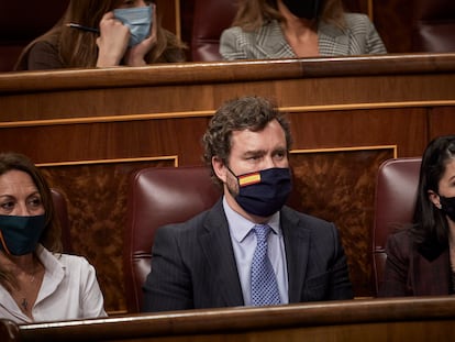 Los portavoces de Vox, Macarena Olona (d), e Iván Espinosa de los Monteros (centro), durante una sesión plenaria en el Congreso de los Diputados.