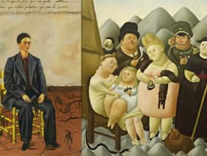 <i>Self-portrait with cropped hair</i> (1940), de Frida Kahlo (a la izquierda), y <i>La familia presidencial</i> (1967), de Fernando Botero.