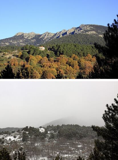 Vista de una de las formaciones rocosas más populares de la sierra madrileña 'Siete picos' vista desde su vertiente madrileña. Arriba, imagen de noviembre de 2013, abajo, febrero de 2014.