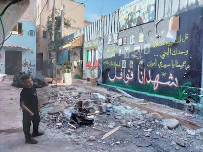 A mural bearing images of "martyrs" in the Fara'a refugee camp in the northern West Bank.