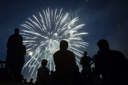 Un espectáculo de fuegos artificiales ilumina el cielo sobre una cascada del río Rin en Neuhausen (Suiza).