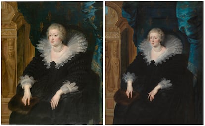 'Ana de Austria, reina de Francia' (1622) de Rubens. Y la pintura homónima realizada por el taller del pintor (1622-25).