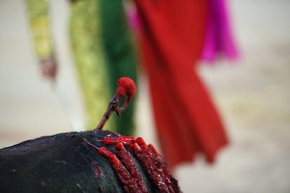 El toro se desangra progresivamente a consecuencia de las lesiones causadas por las banderillas y la espada. De fondo, el torero. Foto tomada durante los sanfermines de 2018, en la novillada del 5 de julio.