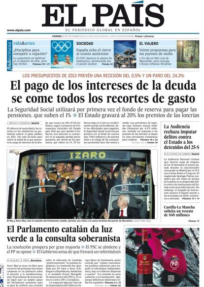 28 de septiembre de 2012. La mayoría del Parlamento catalán apoya el plan de Mas de celebrar una consulta sobre la soberanía de Cataluña, “preferentemente”, la próxima legislatura. La resolución es aprobada por 84 votos a favor (CiU, Esquerra Republicana, Solidaritat y el socialista Ernest Maragall), 26 abstenciones (del PSC) y 21 votos en contra (PP y Ciutadans).