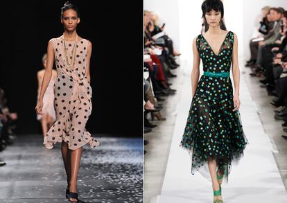 Lunares y puntos 
	

	La apuesta por este estampado en más de una ocasión, es otra de las similitudes entre Nina Ricci (primavera-verano 2013) y Óscar de la Renta (otoño-invierno 2014/2015).