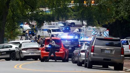 Law enforcement and first responders gather on South Street near the Bell Tower on the University of North Carolina at Chapel Hill campus in Chapel Hill, N.C., on Aug. 28, 2023.