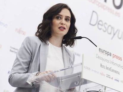 Isabel Díaz Ayuso, durant el seu discurs d'aquest dijous.