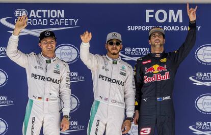 Rosberg, Hamilton y Ricciardo, tras la clasificación.