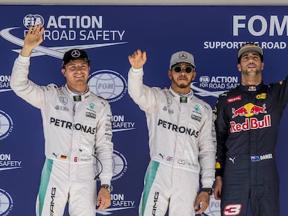 Rosberg, Hamilton y Ricciardo, tras la clasificación.