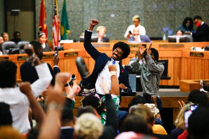 Justin Pearson celebrates with supporters after being reinstated to the the Tennessee House of Representatives by the Shelby County Board of Commissioners building in Memphis, Tennessee