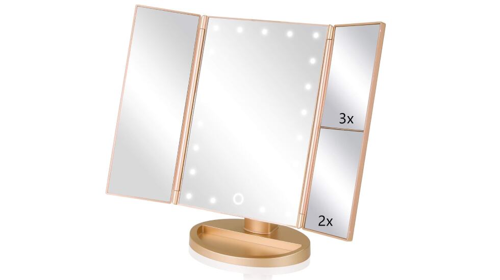 Espejo de maquillaje plegable con luz incorporada.