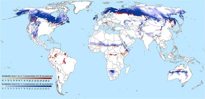 En un escenario sin reducción de emisiones, en las zonas en azul se podría sembrar al menos un cultivo, sobre todo trigo, patatas o maíz. En las rojas, dos o más.