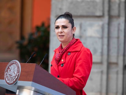 Imagen de archivo de Ana Guevara durante una conferencia matutina de Presidencia.