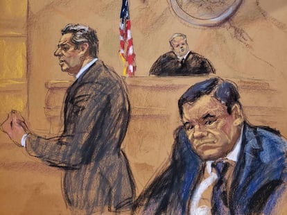 'El Chapo' Guzmán escucha a su abogado, Jeffrey Lichtman, en un dibujo de la corte. 