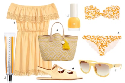 1. H&M Vestido con hombros descubiertos 2. Chantecaille Protector solar 3. H&M Laca de uñas 4. Marysia Bikini estampado 5. Mango Bolsa de playa 6. Chloé Sandalias 7. Lacoste Gafas de sol