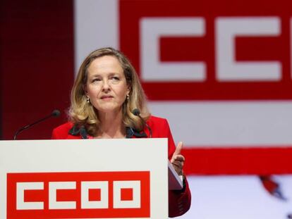 La vicepresidenta primera y ministra de Asuntos Económicos y Transformación Digital, Nadia Calviño interviene en el 12 Congreso Confederal de CCOO.