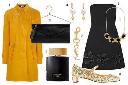 1. Topshop Unique Abrigo de ante 2. Moschino Bolso con detalle de percha 3. Tous Pendientes con perlas 4. Victoria Beckham LBD palabra de honor con flores en el bajo 5. Papiroga Collar con cadena 6. Tom Ford Perfume 'Noir' 7. Saint Laurent Llavero 8. Dolce & Gabbana Zapatos glitter con tacón medio.