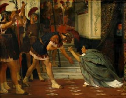 Cláudio implora ante os pretorianos para que decidam nomeá-lo imperador após o assassinato de Calígula, em uma pintura de Alma-Tadema de 1869