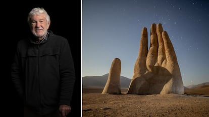 Mario Irarrázabal y su escultura 'La Mano del Desierto'. 