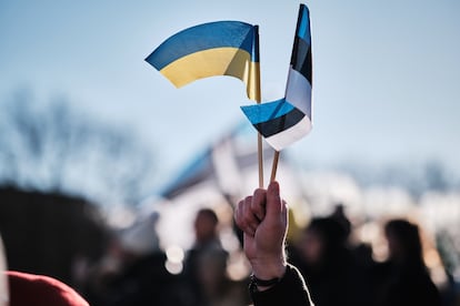 Un ciudadano exhibe en una concentración las banderas de Ucrania y Estonia.
