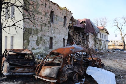 Buildings and vehicles damaged by shelling in Ocheretyne, Ukraine.