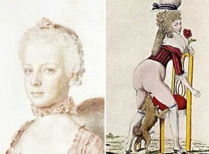 A la derecha un dibujo de María Antonieta, de Liotard, y a la izquierda un sello erótico creados para desacreditarla.