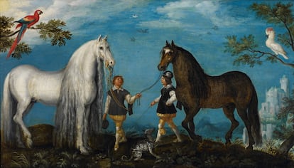 Roelant Savery: 'Two Horses and Grooms', 1628.