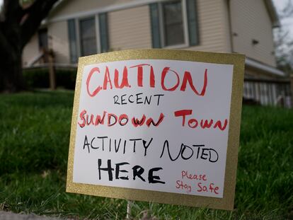 A sign is seen, Wednesday, April 19, 2023, in front of the house where 84-year-old Andrew Lester shot 16-year-old Ralph Yarl