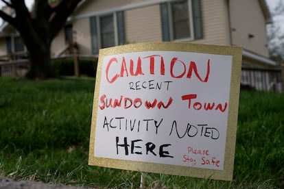 A sign is seen, Wednesday, April 19, 2023, in front of the house where 84-year-old Andrew Lester shot 16-year-old Ralph Yarl