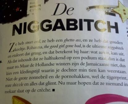 Artículo de la revista <i>Jackie</i> en el que se llama a Rihanna <i>niggabitch</i>