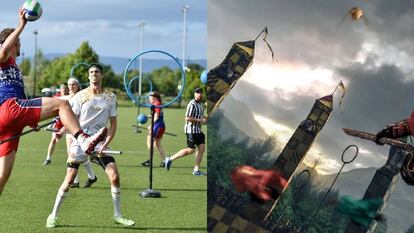 A la izquierda, una competición real de quidditch. A la derecha, Daniel Radcliffe durante un partido de este deporte en las películas de Harry Potter.