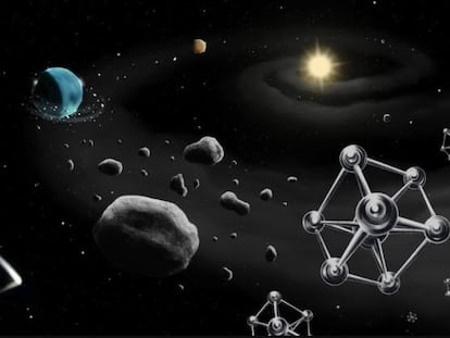 Ilustración de la formación de un planeta alrededor de una estrella similar al Sol, con los componentes básicos de los planetas (rocas y moléculas de hierro) en primer plano.