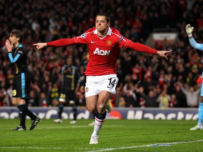 Chicharito celebra su primer gol ante el Marsella.