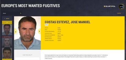 Ficha de José Manuel Costas de la web de los más buscados de Europol