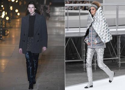 Brillos y tonos metalizados en las propuestas de Isabel Marant y, a la derecha, de Karl Lagerfeld para Chanel.