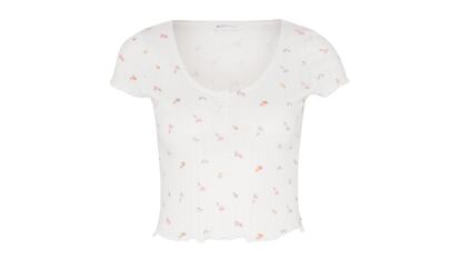 Camiseta estampada con flores de colores estilo pointelle de Tom Tailor Denim. De manga corta y diseño crop-top, con escote en pico. Tendencia pointelle.