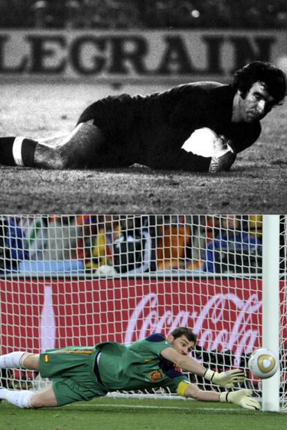 El portero José Ángel Iribar atrapa la pelota en un partido. Iker Casillas, durante la final del Mundial de Sudáfrica ante Holanda.