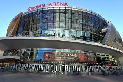 T-Mobile Arena stands in Las Vegas on Feb. 1, 2022, in Las Vegas. Food service workers at a Las Vegas Strip arena demanding higher pay and better benefits are set to march Thursday evening beneath the glittery lights of the famed tourist corridor amid ongoing negotiations for a union contract.