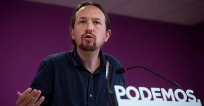 El secretario general de Podemos, Pablo Iglesias en la rueda de prensa posterior a las elecciones del 26M.