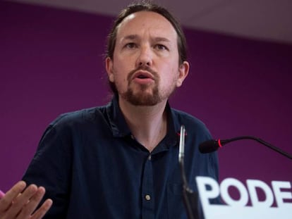 El secretario general de Podemos, Pablo Iglesias en la rueda de prensa posterior a las elecciones del 26M.