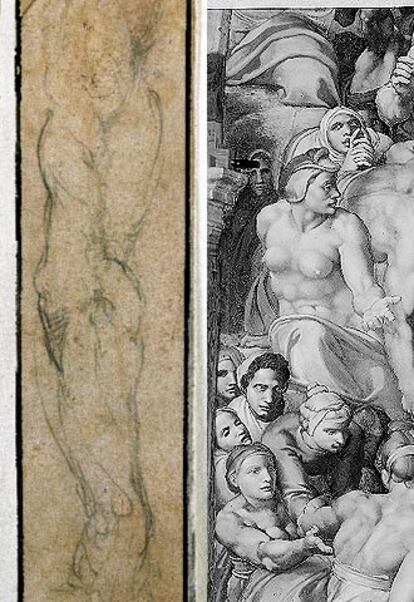A la izquierda, el estudio de un brazo derecho de hombre con el índice extendido, de Miguel Ángel, que sirvió para realizar la figura que aparece en la misma postura en los frescos para el <i>Juicio final</i> de la Capilla Sixtina.