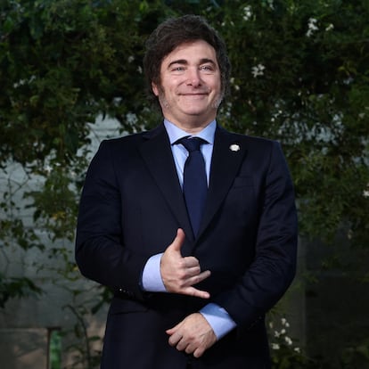 Argentina?s President Javier Milei gestures, as G7 leaders and representatives of States and International Organisations gather for a family photo on the second day of the G7 summit at the Borgo Egnazia resort, in Savelletri, Italy June 14, 2024. REUTERS/Guglielmo Mangiapane