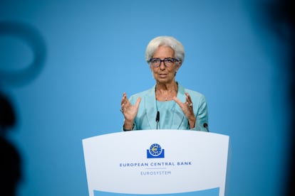 La presidenta del BCE, Christine Lagarde, durante una conferencia en Fráncfort.