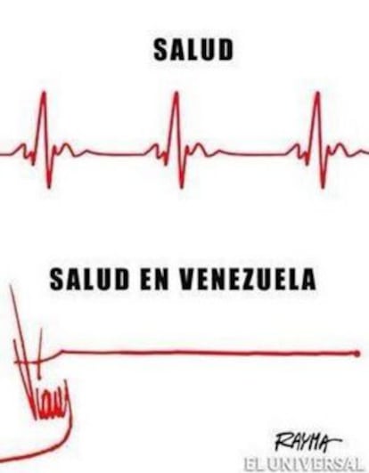 The cartoon that got Rayma Suprani fired: the top line reads “Health,” while the bottom line reads “Health in Venezuela,” above a copy of Hugo Chávez’s signature.