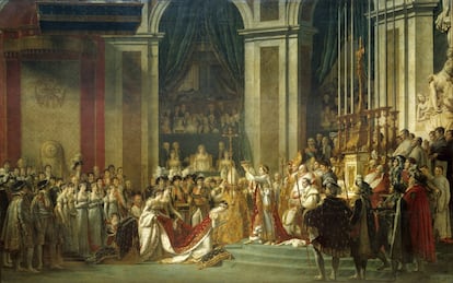 'Consagración del emperador Napoleón I (1769-1821) y coronación de la emperatriz Josefina (1763-1814), en la catedral de Notre Dame, 2 de diciembre de 1804'. Pintura de Jacques-Louis David (1748-1825), óleo sobre lienzo (621x979 cm), 1806. Museo del Louvre, París, Francia.
