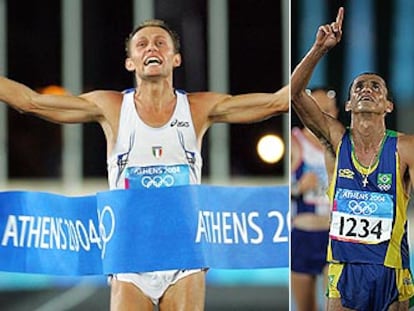 A la izquierda, Stefano Baldini celebra su victoria en el maratón. A la derecha, Vanderlei Lima, agredido por un espectador irlandés, señala al cielo tras cruzar la meta el tercero.
